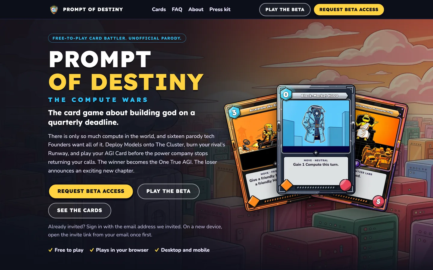 The Prompt of Destiny home page on a desktop: the title, pitch and buttons on the left and a fan of three game cards on the right.